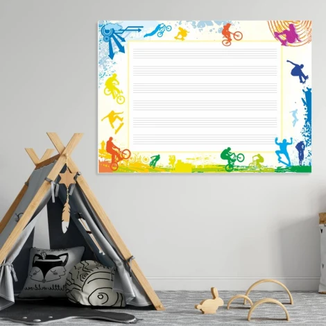 Magnetic whiteboard with five lines 017 - Decorated in a children\'s room with light-colored walls and a tent nearby.