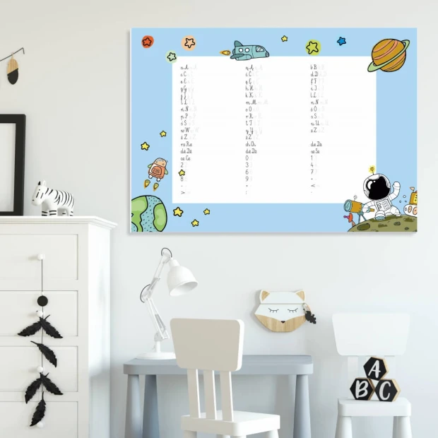 Magnetic dry-erase board for kids, space theme, perfect for learning to write in a bright children\'s room.