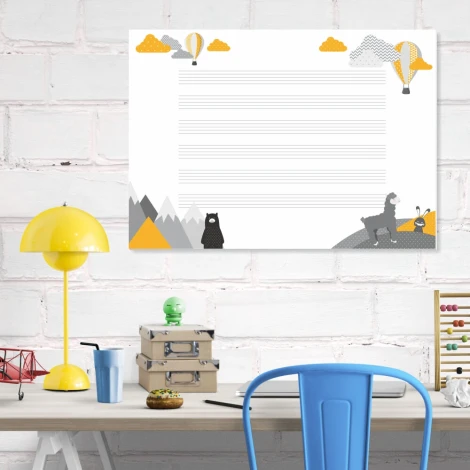 Magnetic dry-erase staff board for kids, perfect for office decor with white walls and light furniture.