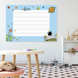 Magnetic dry-erase five-line board for kids, featuring a space design on a blue background.
