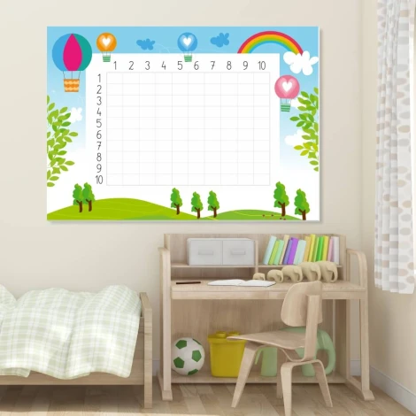 Magnetic multiplication dry-erase board for kids, perfect for brightening up a child\'s room.
