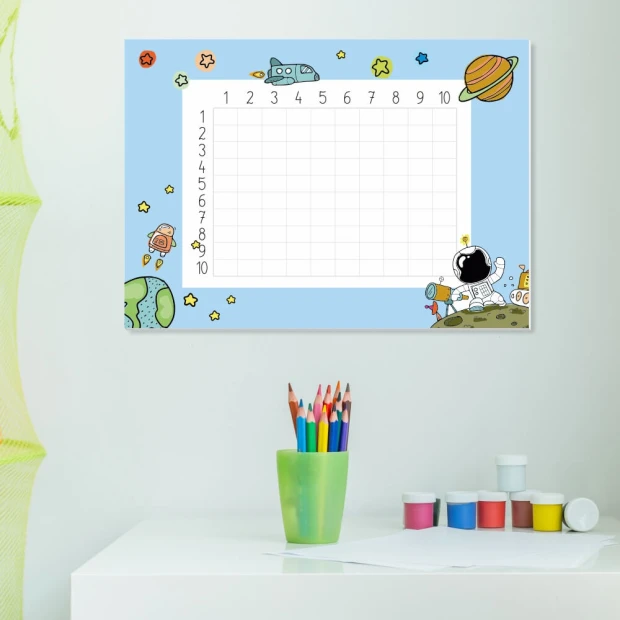 Magnetic multiplication board for kids, dry-erase, space theme, blue background with graphic design.