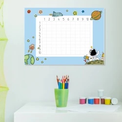 Magnetic multiplication board for kids, dry-erase, space theme, blue background with graphic design.