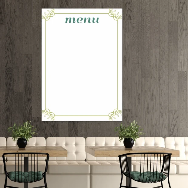 Magnetic dry-erase board 030 menu - Café setup with brown walls and light-colored furniture.