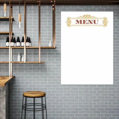 Magnetic whiteboard 031 menu - Modern kitchen decor with gray walls and wooden shelves.