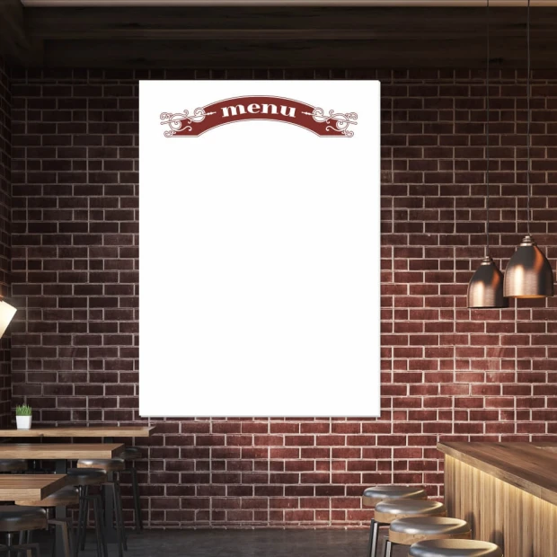 Magnetic whiteboard 032 menu - Restaurant decor with dark bricks and wooden furniture.