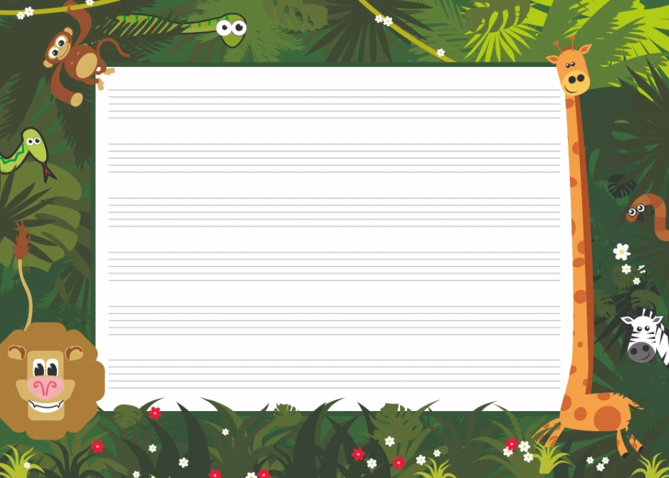 Magnetic dry-erase five-line board EDU 029 - Features animals against a green jungle background.