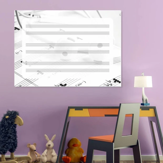 Magnetic whiteboard with five lines EDU 041 - Decorated in a children\'s room with purple walls and a desk.