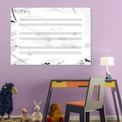 Magnetic whiteboard with five lines EDU 041 - Decorated in a children\'s room with purple walls and a desk.