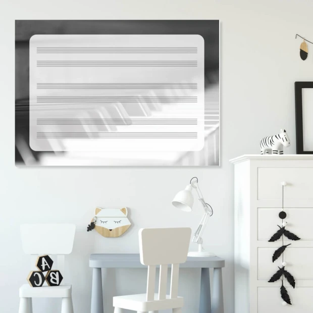 Magnetic whiteboard with five lines for piano, perfect for a child\'s room with light-colored walls.