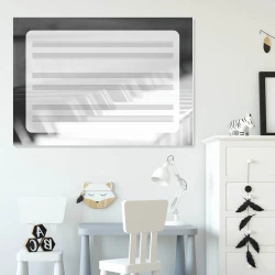 Magnetic whiteboard with five lines for piano, perfect for a child\'s room with light-colored walls.