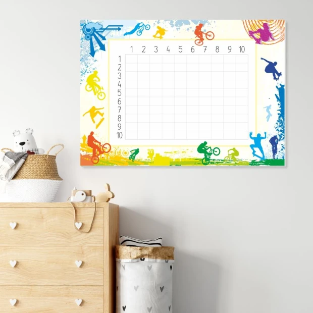 Magnetic dry-erase multiplication chart 018 - Decor for a child\'s room with light-colored walls and furniture.