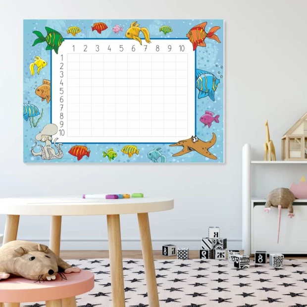 Magnetic dry-erase multiplication chart 022 - Ideal for a child\'s room with light-colored walls.