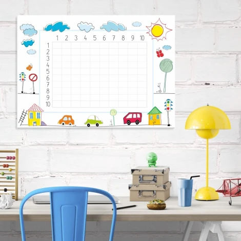 Magnetic dry-erase multiplication chart 026 - Office setup with white walls and light-colored furniture.