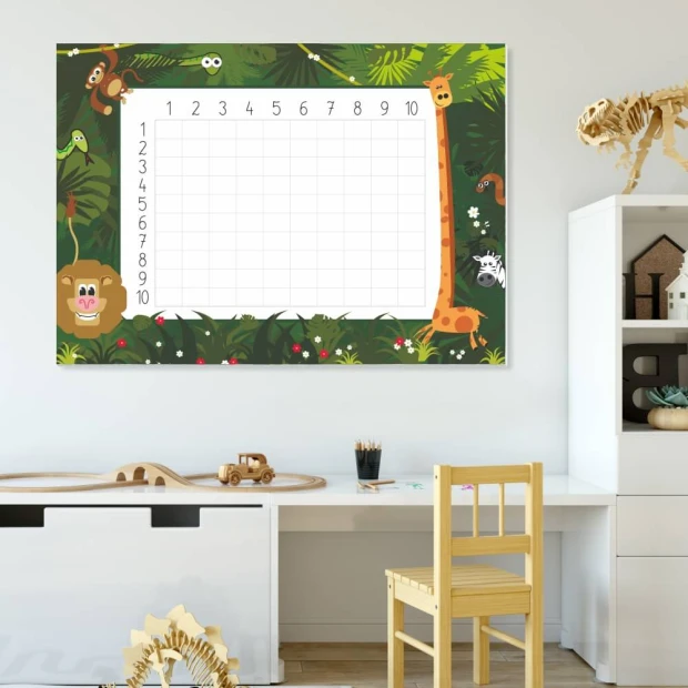 Magnetic dry-erase multiplication chart 030 - Ideal for a child\'s room with bright-colored walls in the background.