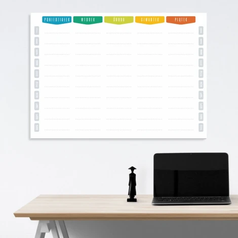 Weekly dry-erase planner with hours 264 - Graphic design. Simple grid with days of the week and times. Colors.