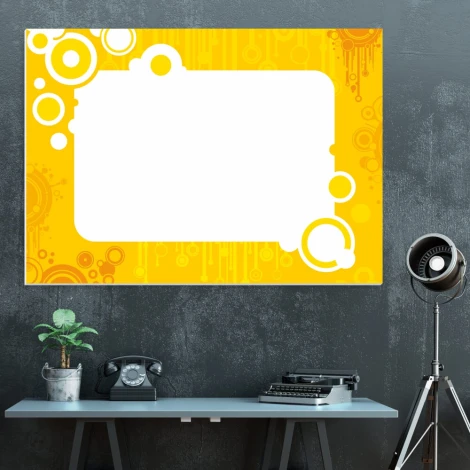 Dry-erase board 009 - Graphic design. Yellow background with circles in various sizes and colors.