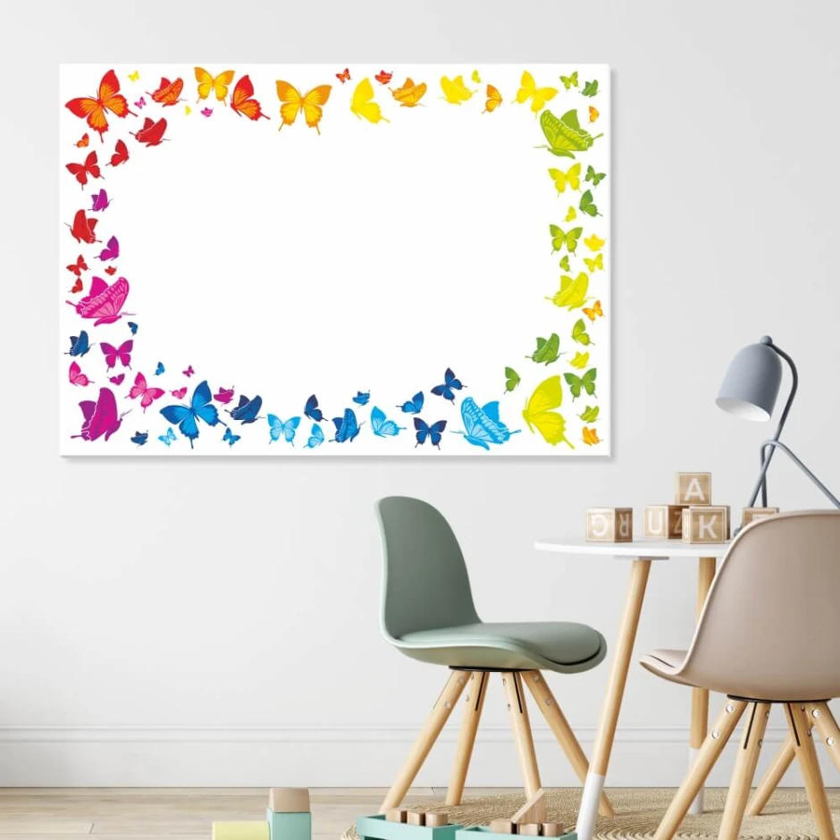 Dry-erase board 013 - Graphic design featuring colorful butterflies in various shapes surrounding a blank space.