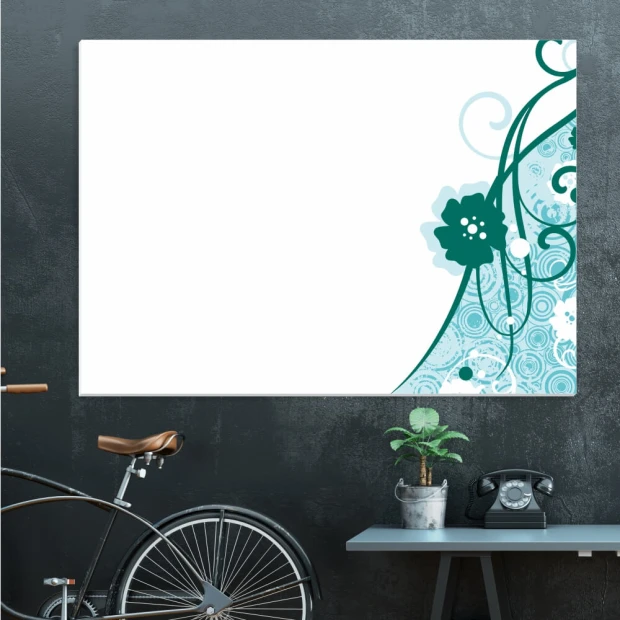 Whiteboard 01X 045 decorations - Graphic design with blue and green spirals and flowers.