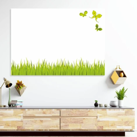 Dry-erase board 01X 064 grass - Graphic design with green butterflies floating over grass on a white background.