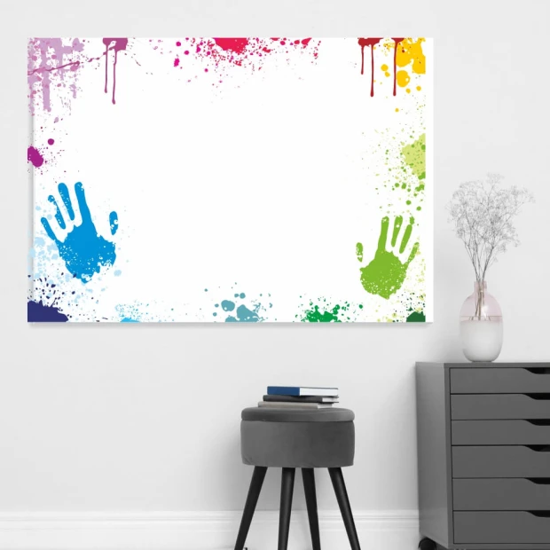 Whiteboard 01X 065 with graphic design featuring colorful handprints and paint splashes on a white background.