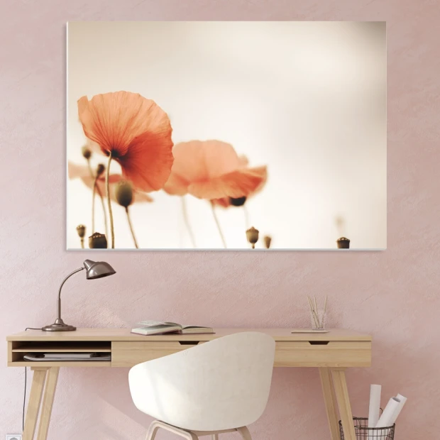 Dry-erase board 01X 069 poppies - Office setup with pink walls and minimalist furniture.