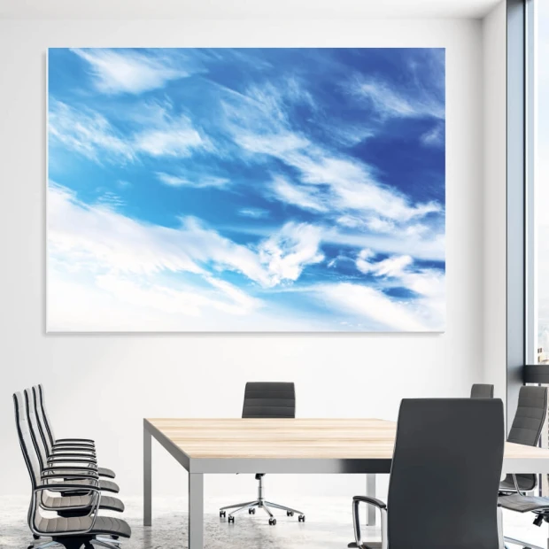 Dry-erase board 01X 071 sky - Office setup with light walls and gray furniture.