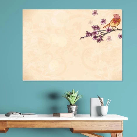 Dry-erase board 01X 086 bonsai - Features a light background with a branch, flowers, and a bird design.