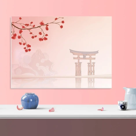 Dry-erase board 01X 087 branch - Graphic design with branches and red flowers on a light pink background.