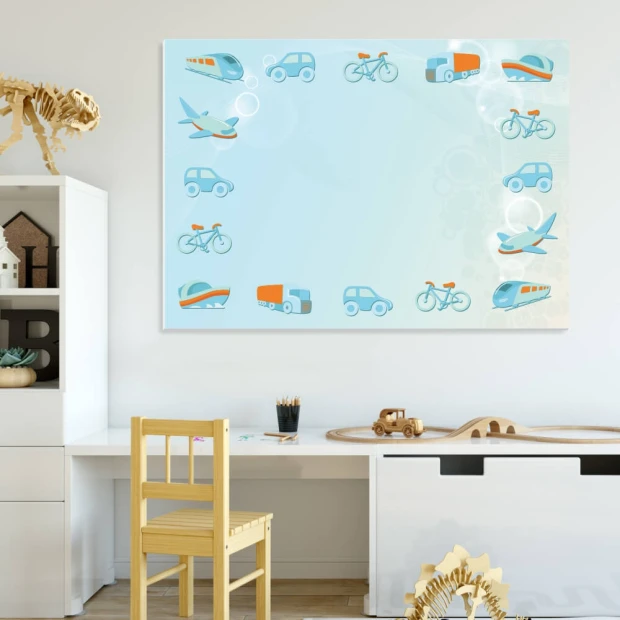 Dry erase board 123 vehicles - Office setup with light-colored walls and natural wood furniture.