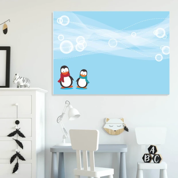 Dry-erase board 133 penguins - Graphic design with two penguins on a blue background, surrounded by bubbles and waves.