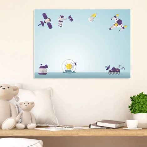 Dry-erase board 135 cosmos - Graphic design with rockets, an astronaut, clouds, and more on a blue background.