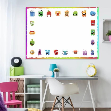 Dry-erase board 138 with cheerful monsters - Decor in a children\'s room. Walls in light colors, furniture in various styles.