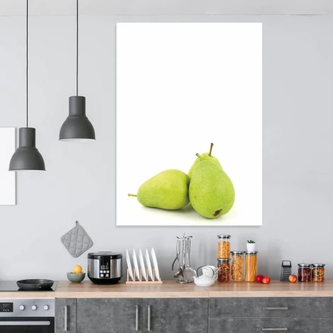 Dry-erase board for the kitchen featuring a graphic design of two green pears on a white background.