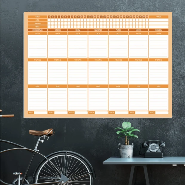 Fitness training dry-erase board 258 - Office setup with dark walls and minimalist furniture.
