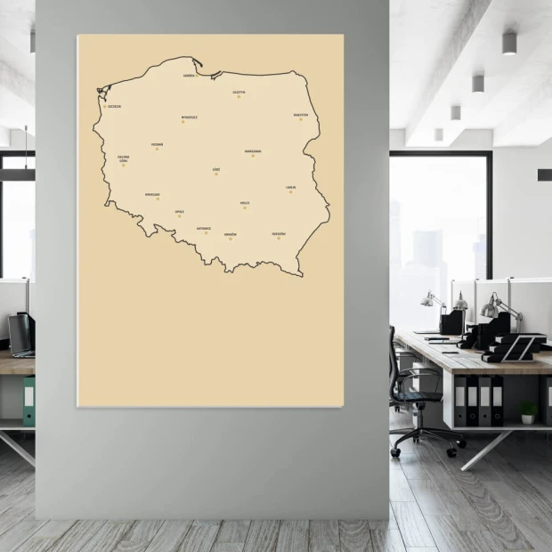 Dry-erase board of Poland map 239 - Graphic design. Outline of Poland with city names on a light background.