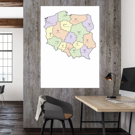 Dry-erase board of Poland with provincial divisions, featuring a graphic design of the regions in various colors.