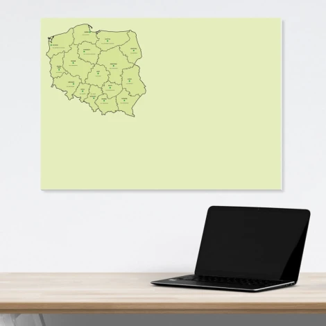Polish dry-erase board with a map divided by provinces, featuring outlines of each region.