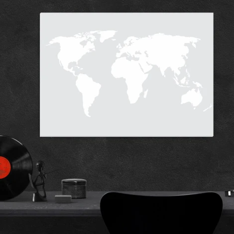 World map whiteboard 334 - Office setup with dark walls and minimalist furniture.