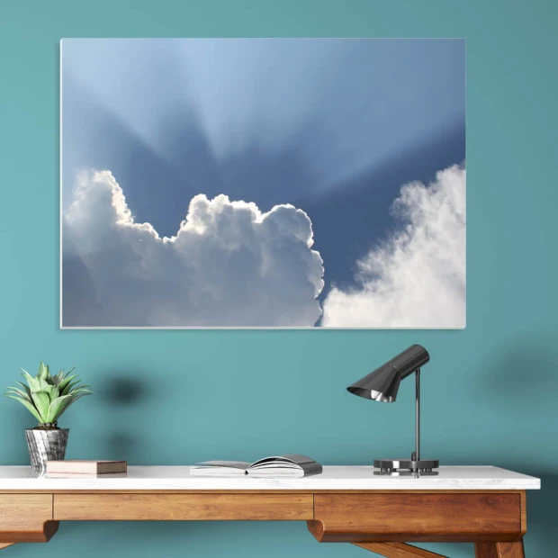 Dry-erase board with cloud design 228 - Office arrangement. Blue walls and wooden furniture.