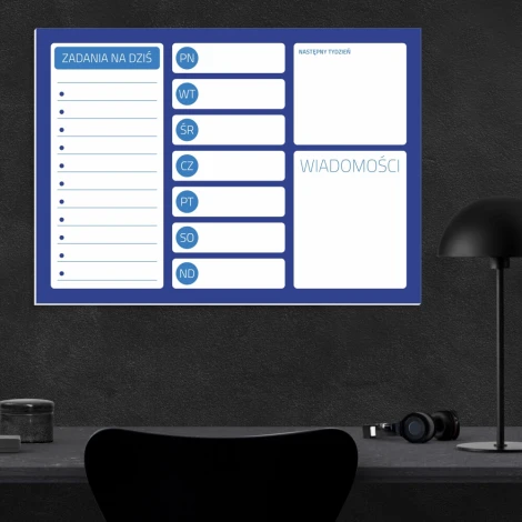 Dry-erase board planner 242 - Office setup with dark walls and minimalist furniture.