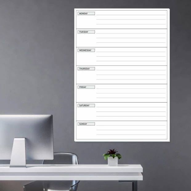 Weekly planner whiteboard in English 018 - Office setup with gray walls and minimalist furniture.