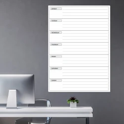 Weekly planner whiteboard in English 018 - Office setup with gray walls and minimalist furniture.