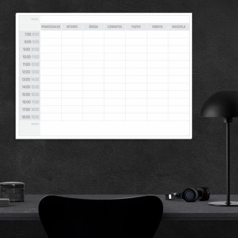 Weekly planner dry-erase board 296 Polish version - Office setup with dark walls and minimalist furniture.