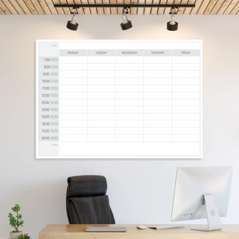 Weekly planner dry-erase board 298 English version - Office setup with light-colored walls and wooden elements.