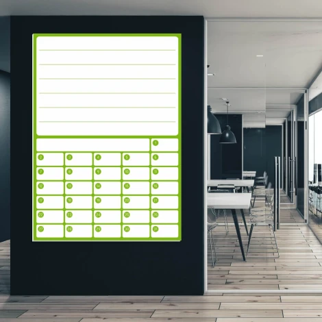 Monthly planner dry-erase board 372 - Office setup with light walls, wooden floor, and modern design.