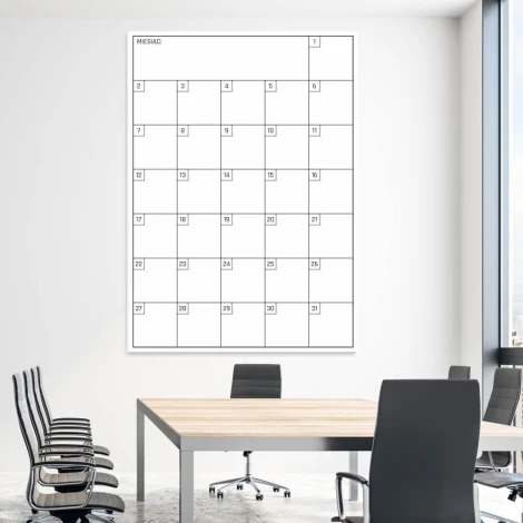 Monthly dry-erase planner 368 - Conference room setup with light-colored walls, wooden table, and chairs.