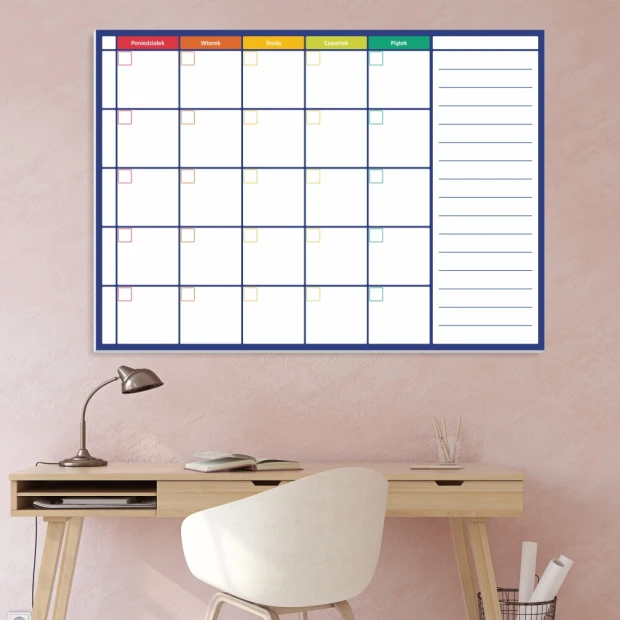 Weekly dry-erase planner board 269 - Office setup with light pink walls and a wooden desk.