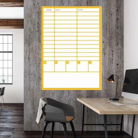 Dry-erase meeting planner 266 - Office arrangement. Gray-beige walls with wooden accents.