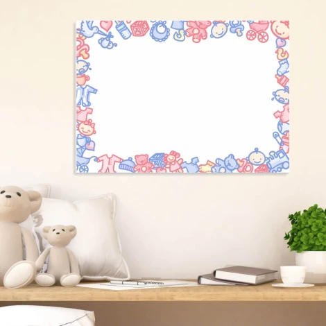 Dry-erase board 002 - Graphic design. Framed in blue and pink with toy illustrations.